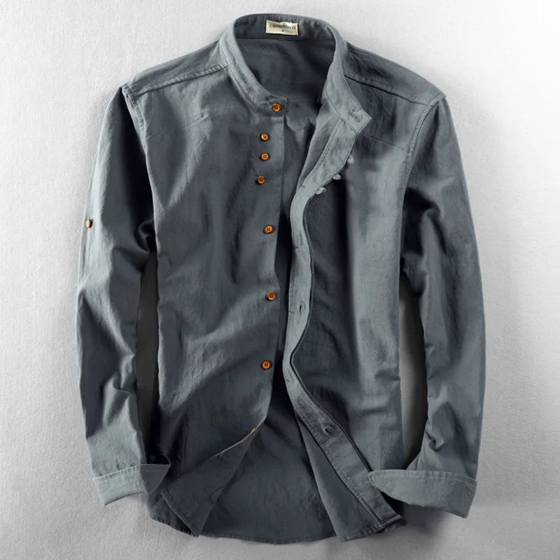 Long-sleeved, slim-fitting, solid-colored, casual, breathable, traditional men's linen cotton shirt with a Harajuku stand collar in a Japanese style