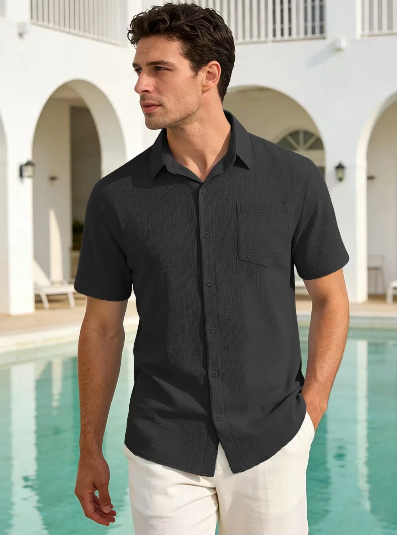 Men's Versatile Smart Casual Summer Solid Lapel Pocket Short Sleeve T-Shirt