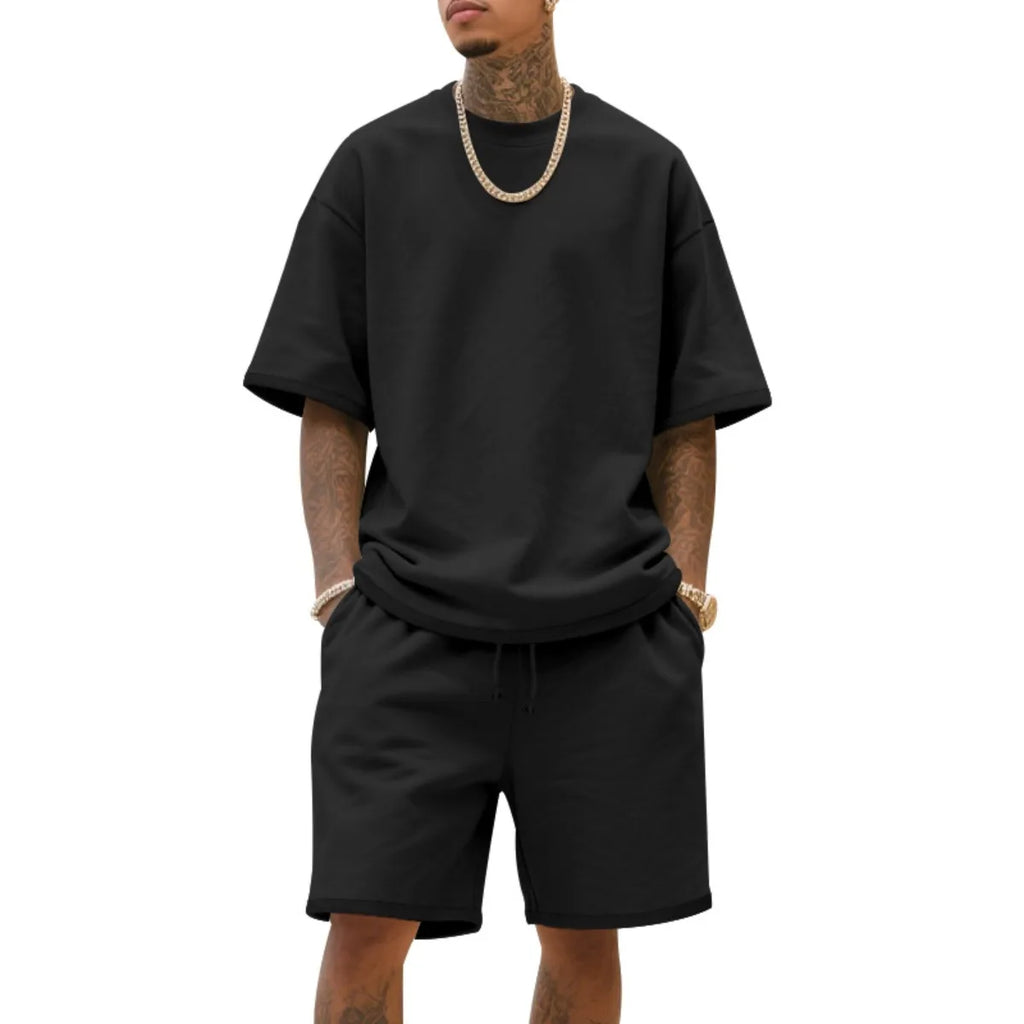 Men's Summer American-Style Loose High Street Hip-Hop Sport Short-Sleeved Set with Shorts, 100% Cotton, 2025