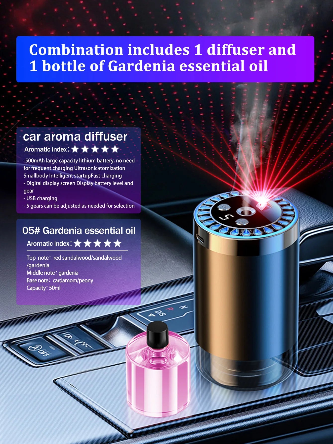 Five different kinds of essential oils, a car-mounted aroma diffuser, and a rechargeable multicoloured romantic starlight lamp