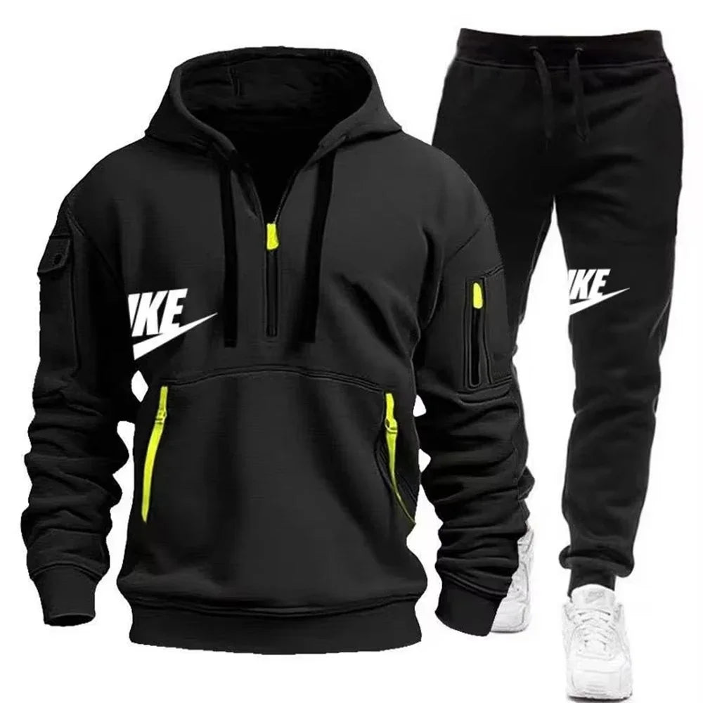 Men's casual sportswear warm suit with a zipper hoodie and trousers for autumn and winter