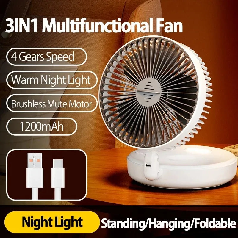 Foldable Desktop Fan, Compact Wall-Mounted Fan, Rechargeable, 4-Gear Adjustable Portable Air Circulation Fan with Warm Night Light