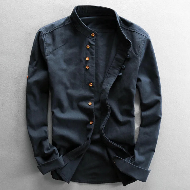 Long-sleeved, slim-fitting, solid-colored, casual, breathable, traditional men's linen cotton shirt with a Harajuku stand collar in a Japanese style