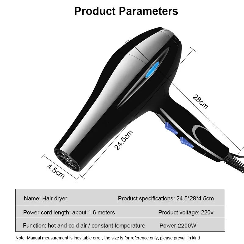 2200W Professional Powerful Hair Dryer with Quick Hot and Cold Heating Air-collecting Ionic Air Blow Dryer