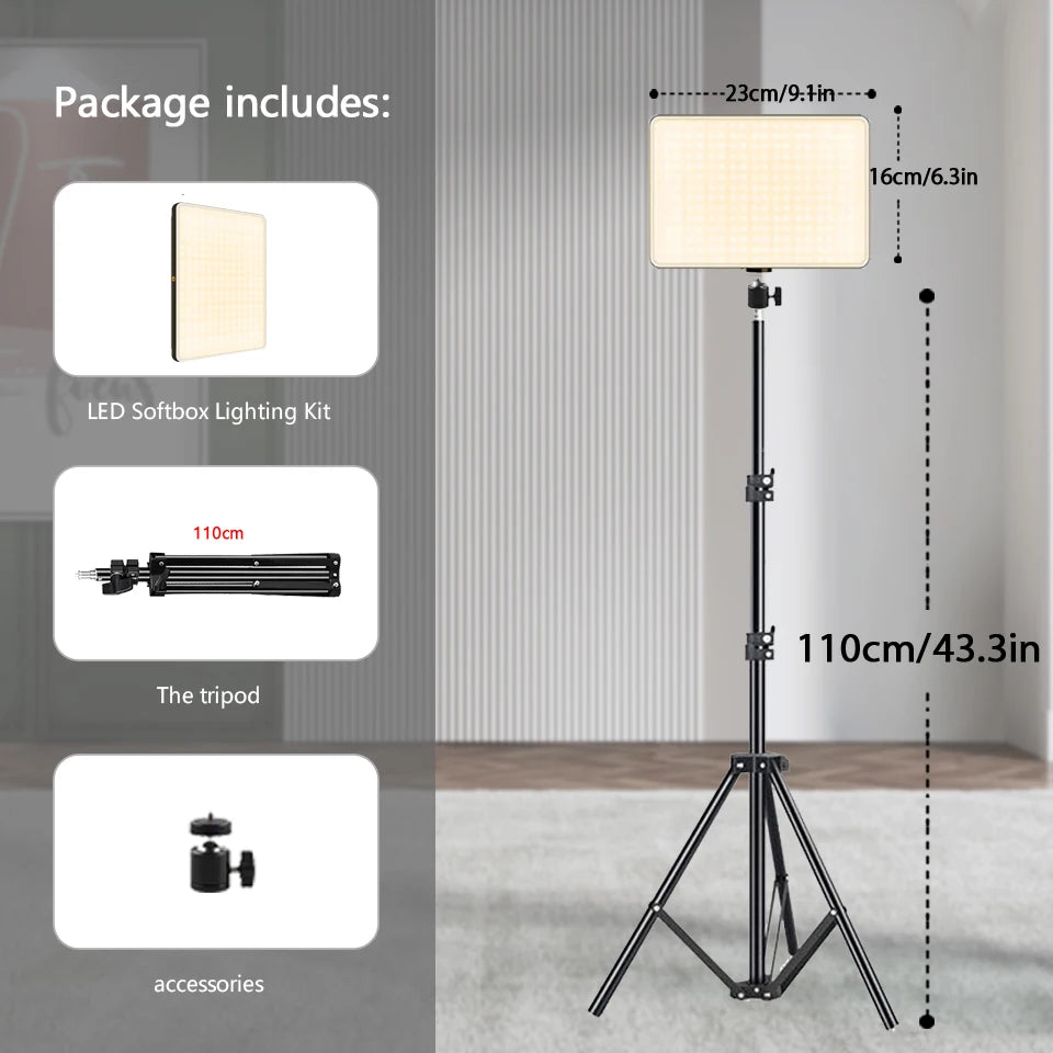 LED video lights for conference photography, lighting for selfies, and a tripod-equipped photo studio lamp for live streaming on TikTok and Zoom