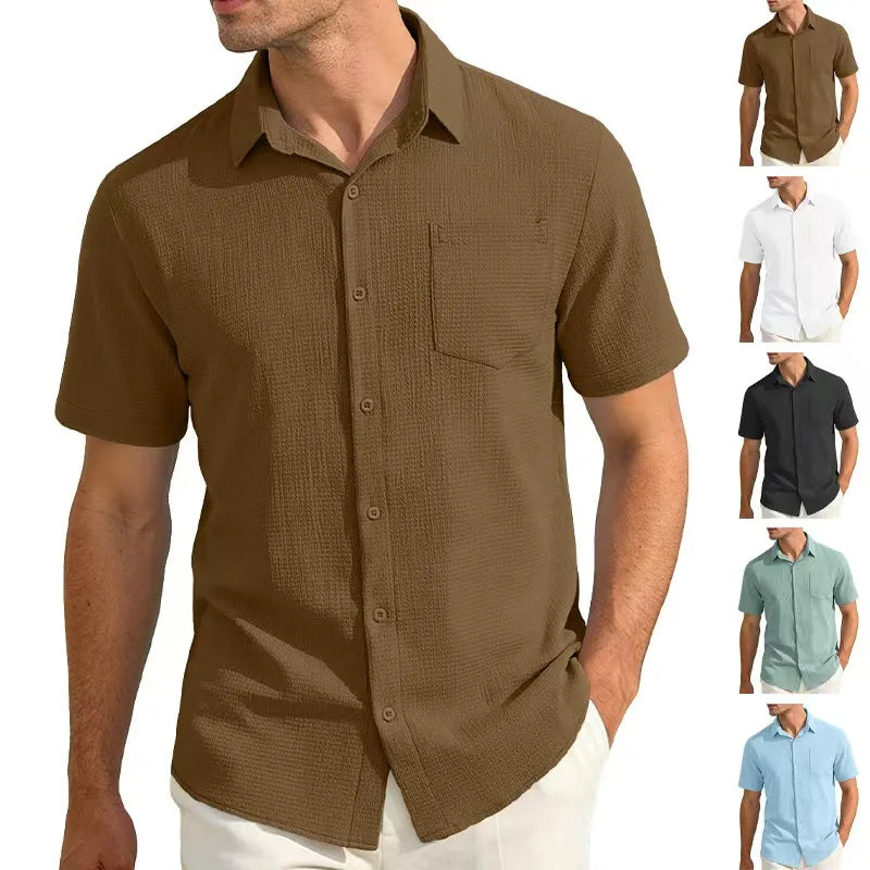 Men's Versatile Smart Casual Summer Solid Lapel Pocket Short Sleeve T-Shirt