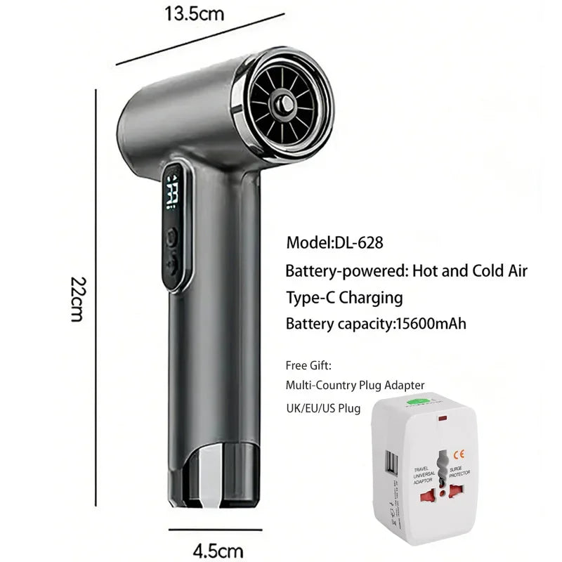 For drying hair and artwork, a portable, battery-operated, cordless hair dryer with intelligent temperature control