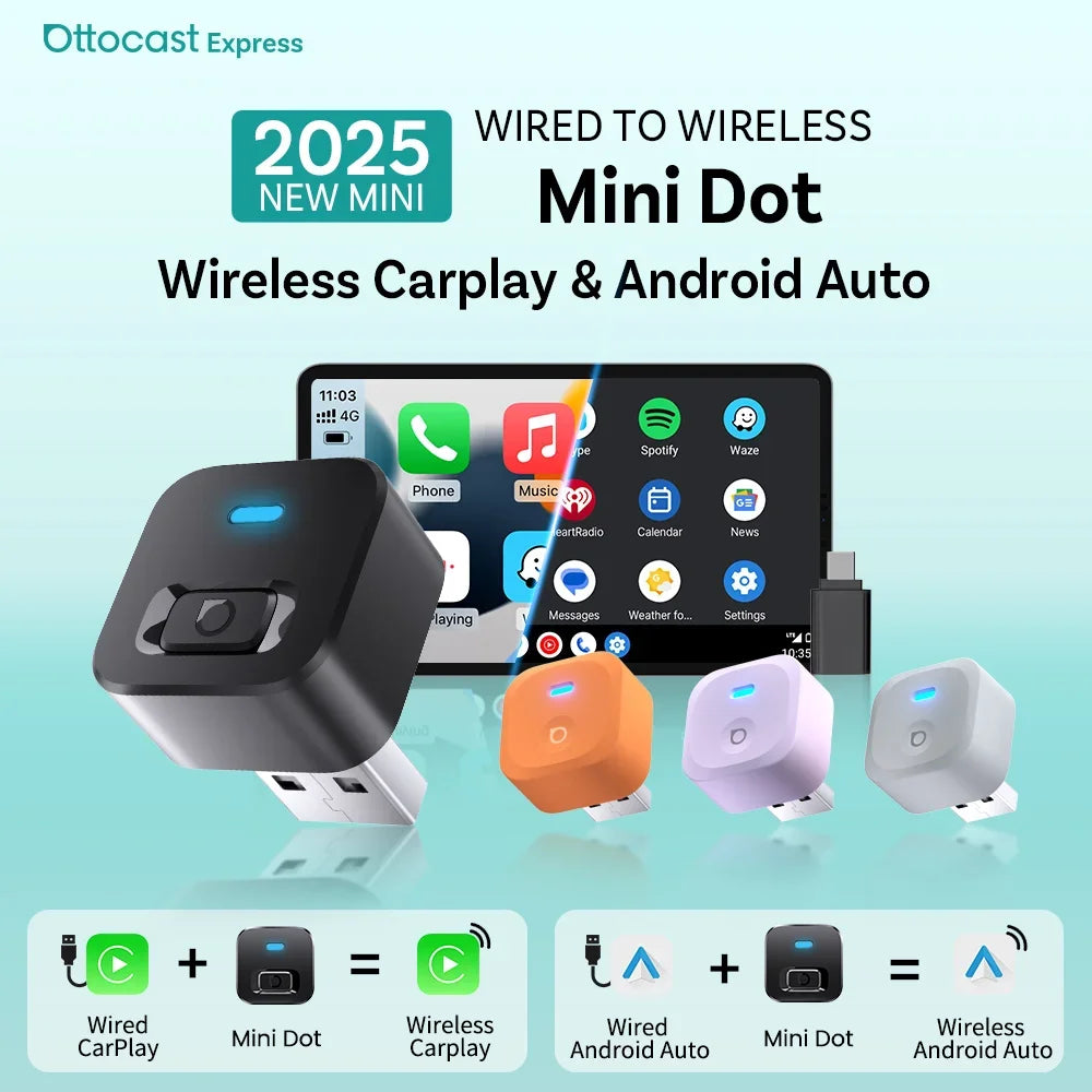 Benz, Audi, and Toyota Ottocast Mini Dot Express 2-in-1 Wireless CarPlay Android Auto Adapter Plug Play Fast Connect USB Dongle