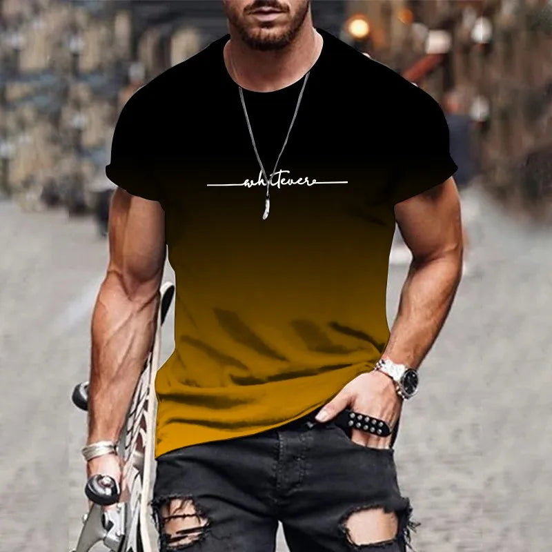 Men's Gradient Letter Printed Comfortable and Breathable Round-Neck T-Shirt for Outdoor Street Fashion in 2025