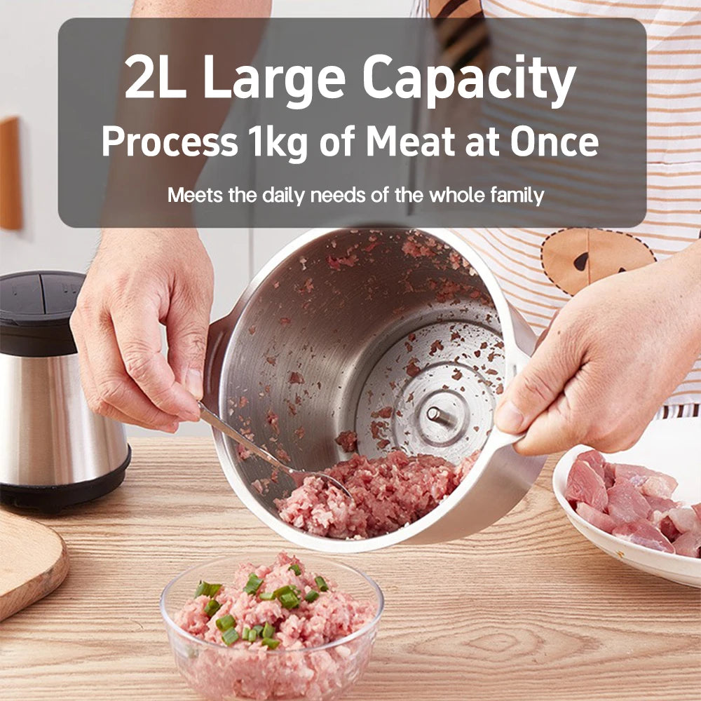 Two-speed electric stainless steel meat grinder, food processor, kitchen slicer, egg beater, and mincer for vegetables and garlic