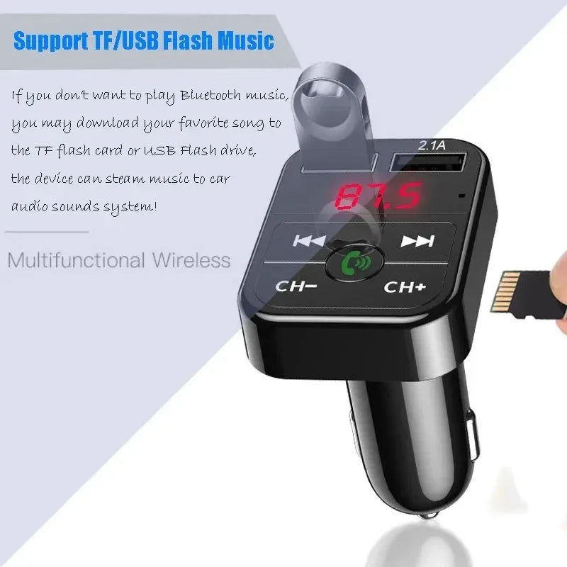 Hands-free MP3 player, Bluetooth receiver, FM transmitter, wireless audio adapter, dual USB fast car charger, and Bluetooth car kit
