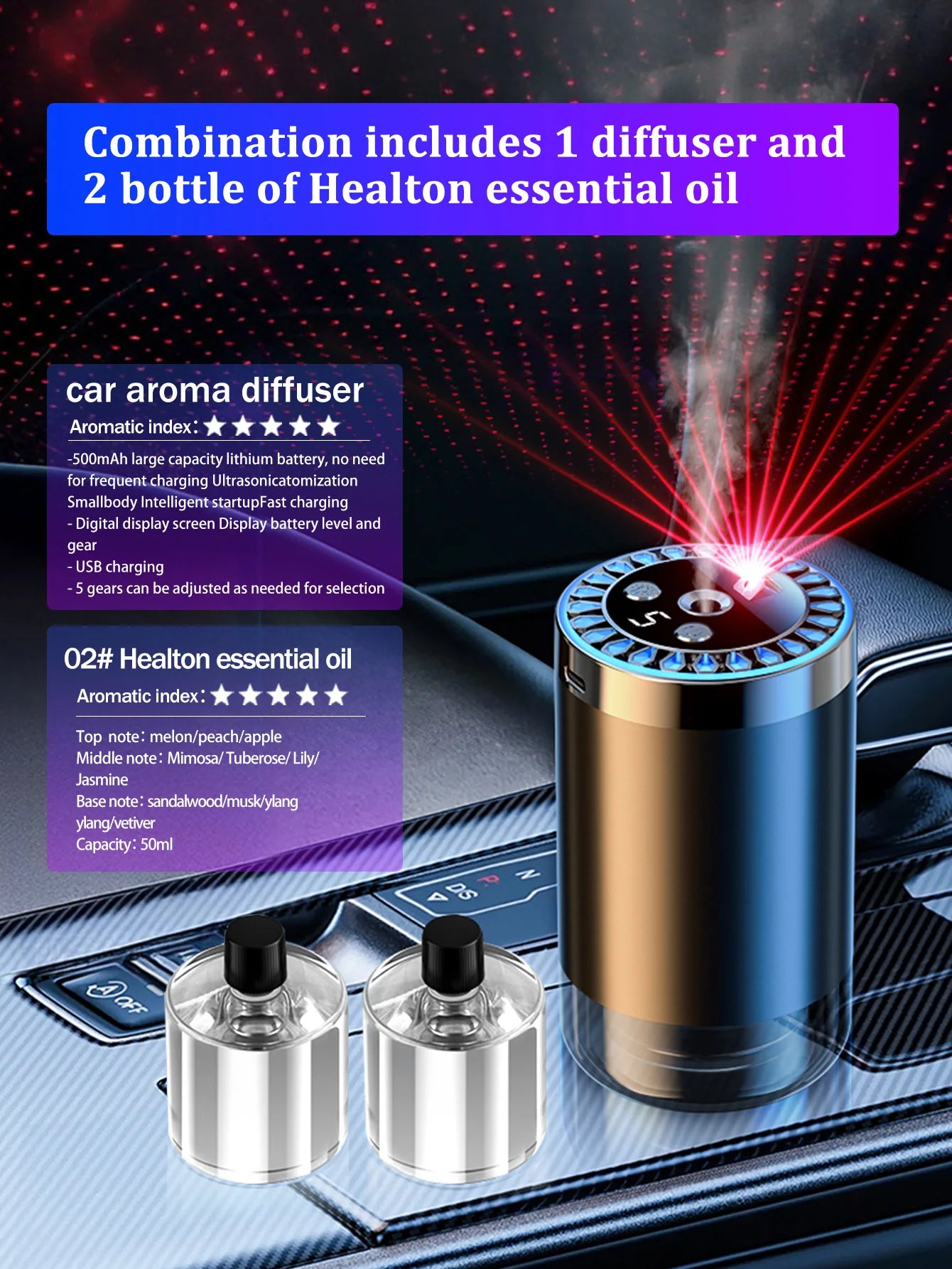 Five different kinds of essential oils, a car-mounted aroma diffuser, and a rechargeable multicoloured romantic starlight lamp
