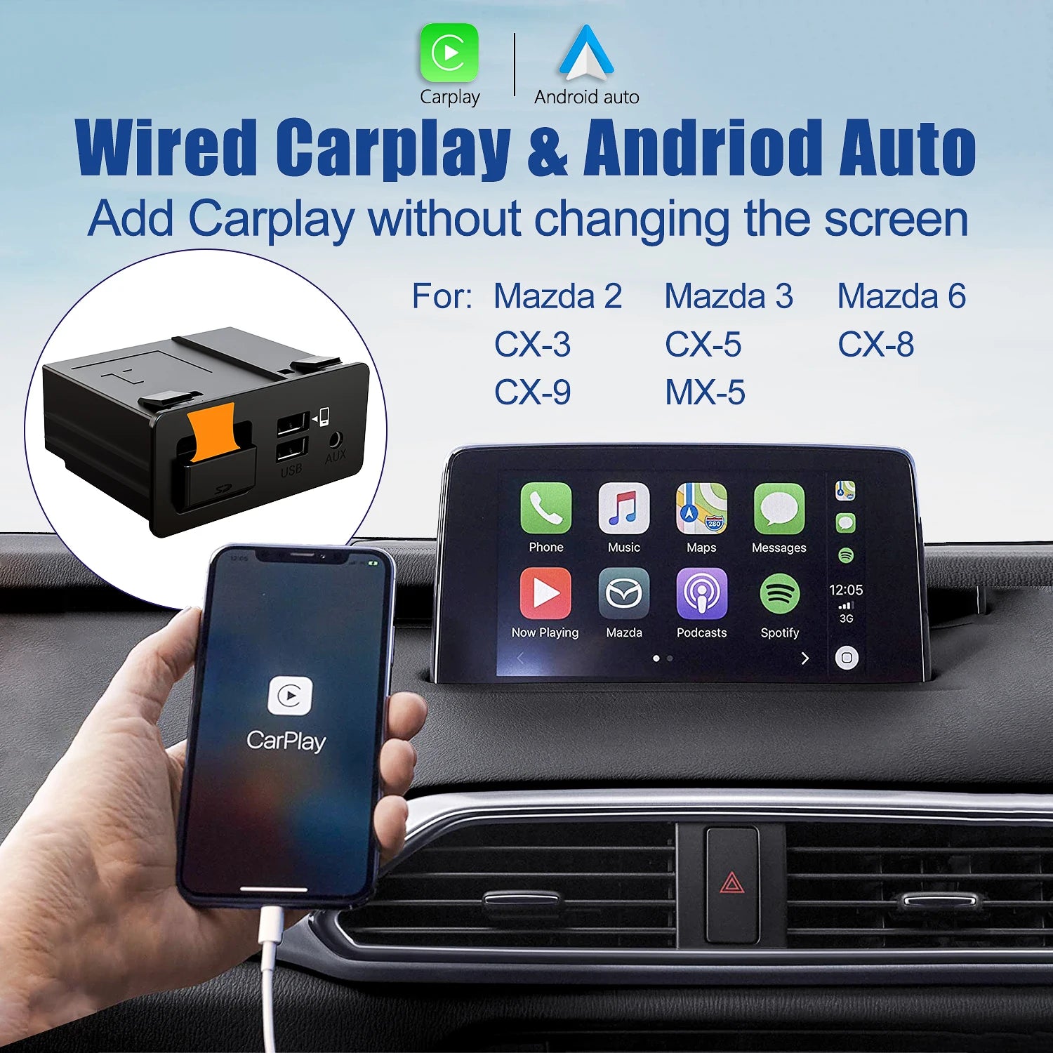 New Upgrade CarPlay Android Auto USB Hub Adapter for Mazda 2 3 6 CX3 CX5 CX8 CX9 MX5 miata TK78669U0C Mazda Retrofit Kit