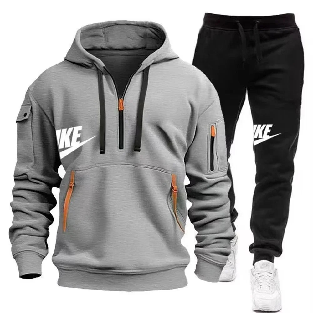 Men's casual sportswear warm suit with a zipper hoodie and trousers for autumn and winter