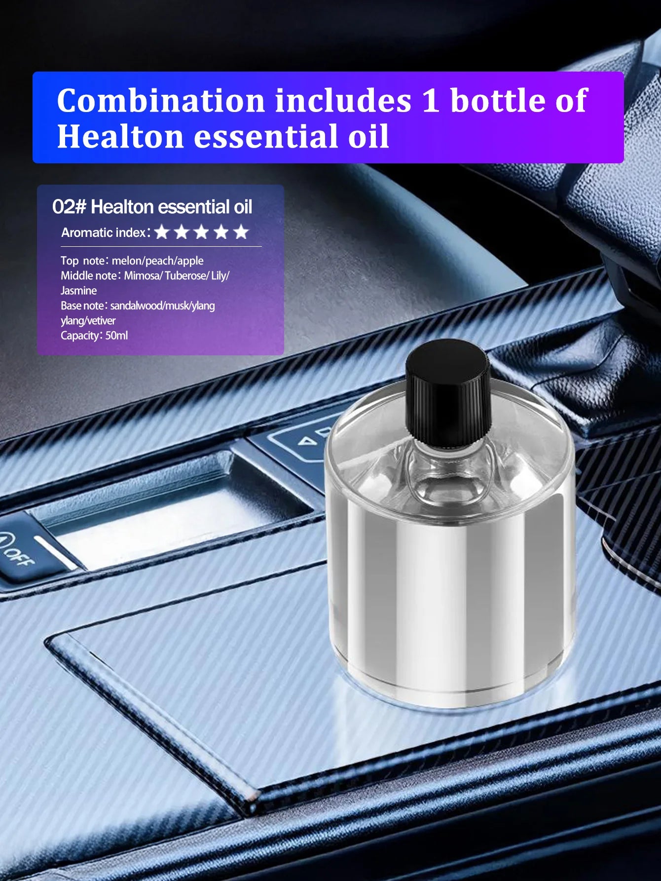 Five different kinds of essential oils, a car-mounted aroma diffuser, and a rechargeable multicoloured romantic starlight lamp