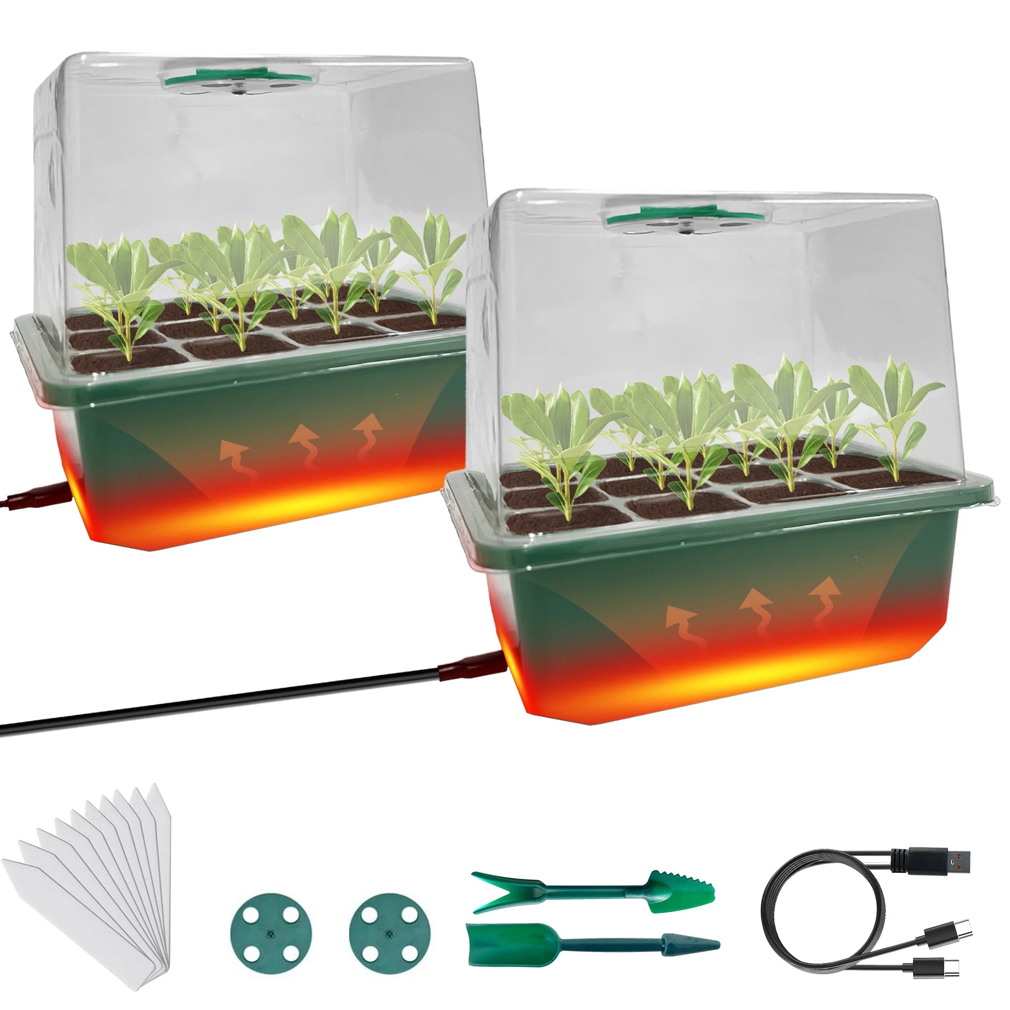 Two-pack propagation trays with a humidity dome, a 24-cell plant starter tray set, and a seed starter kit with built-in heat