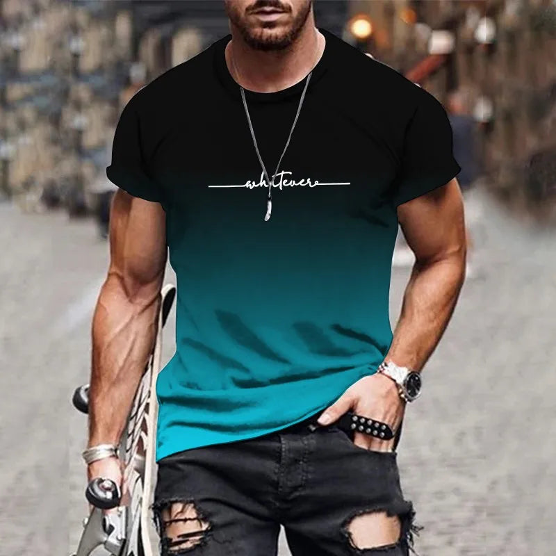 Men's Gradient Letter Printed Comfortable and Breathable Round-Neck T-Shirt for Outdoor Street Fashion in 2025